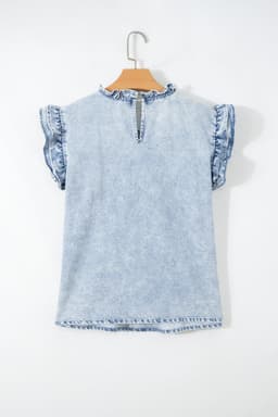 image-Beau Blue Ruffle Pleated Detail Vintage Washed Denim Top
