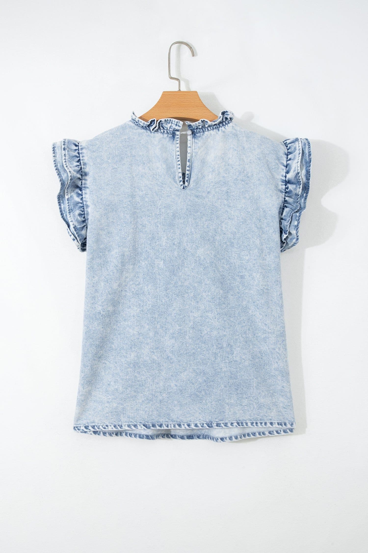 image-Beau Blue Ruffle Pleated Detail Vintage Washed Denim Top