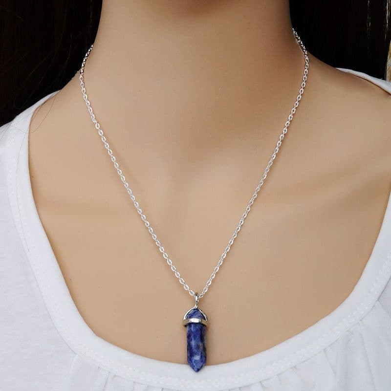 image-AliExpress Explosion Necklace Hexagonal Pendant Necklace Two Pointed Natural Stone Necklace Clavicle Chain 2540
