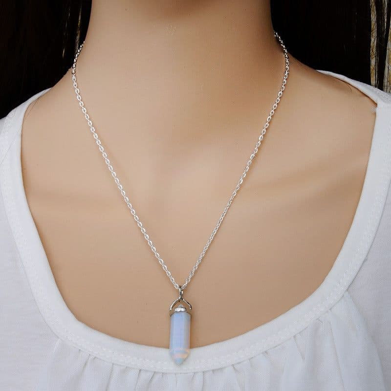 image-AliExpress Explosion Necklace Hexagonal Pendant Necklace Two Pointed Natural Stone Necklace Clavicle Chain 2540