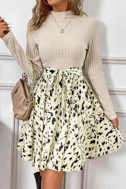 image-Ribbed Knit Patchwork A-line Dress - Beige
