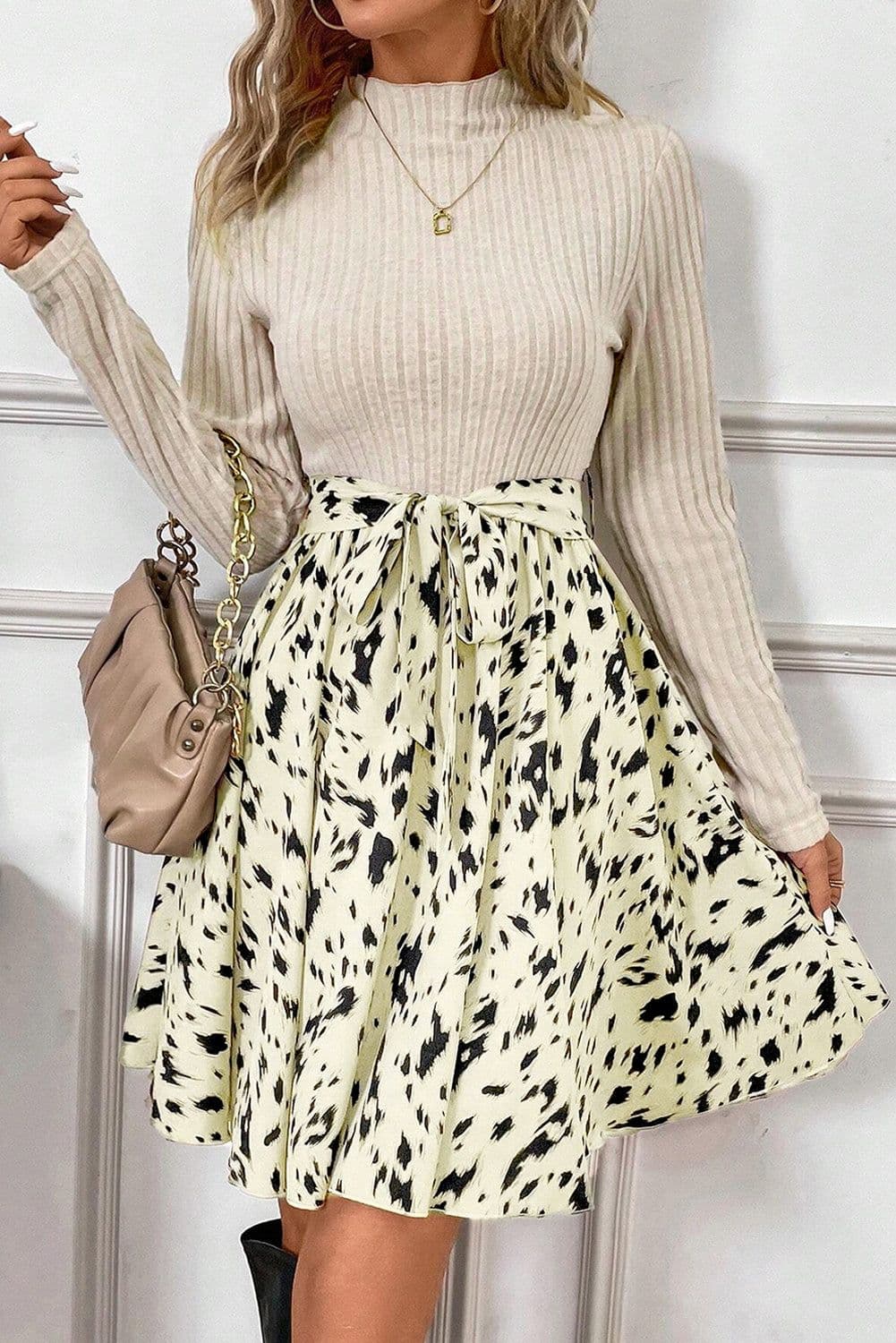 image-Ribbed Knit Patchwork A-line Dress - Beige