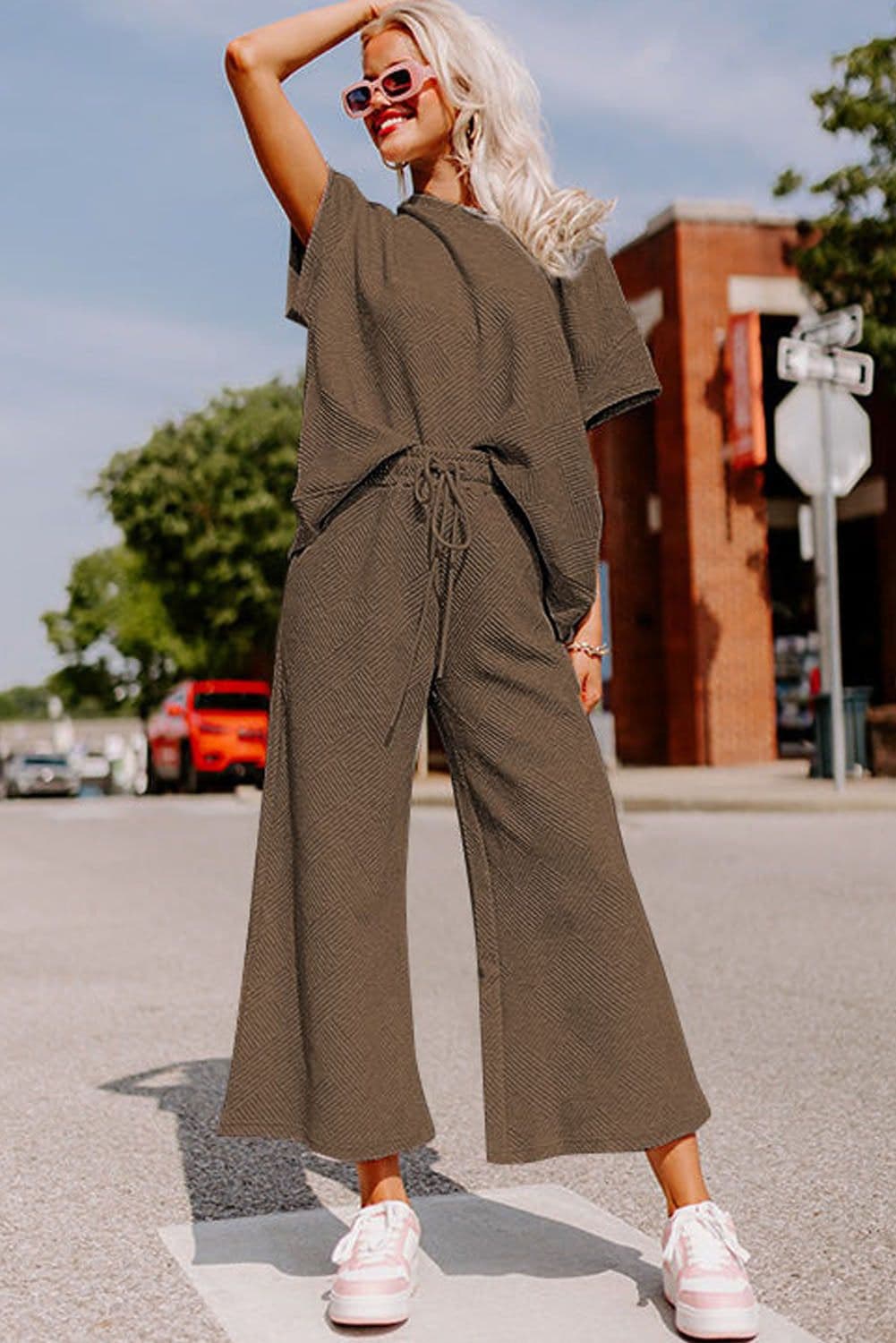 image-Strawberry Pink Textured Loose Fit T Shirt and Drawstring Pants Set