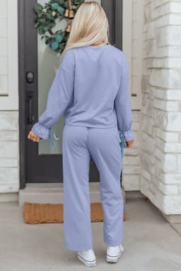image-Beau Blue Flounce Long Sleeve Top Drawstring Pants Contrast Velvet Bow Knot 2pcs Lounge Set