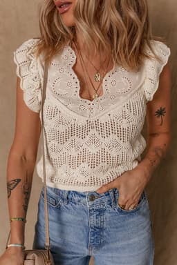 image-Beige Embroidered Patchwork Knitted Vest - Hollow Out