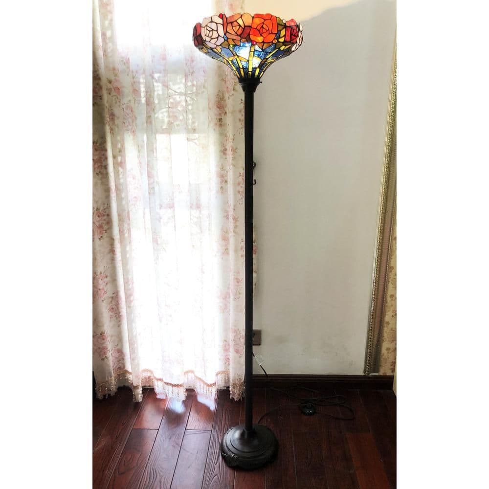 image-CHLOE Lighting AZALEA Tiffany-Style Floral Stained Glass Torchiere Floor Lamp 67" Height