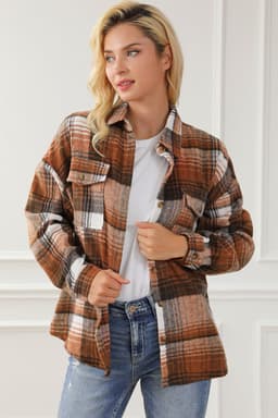 image-Shacket with Pink/Black Plaid Flap Pockets - Chic Style, Loose Fit (65 characters)