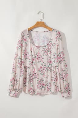 image-Pink Floral Pleated U Neck Loose Fit Blouse