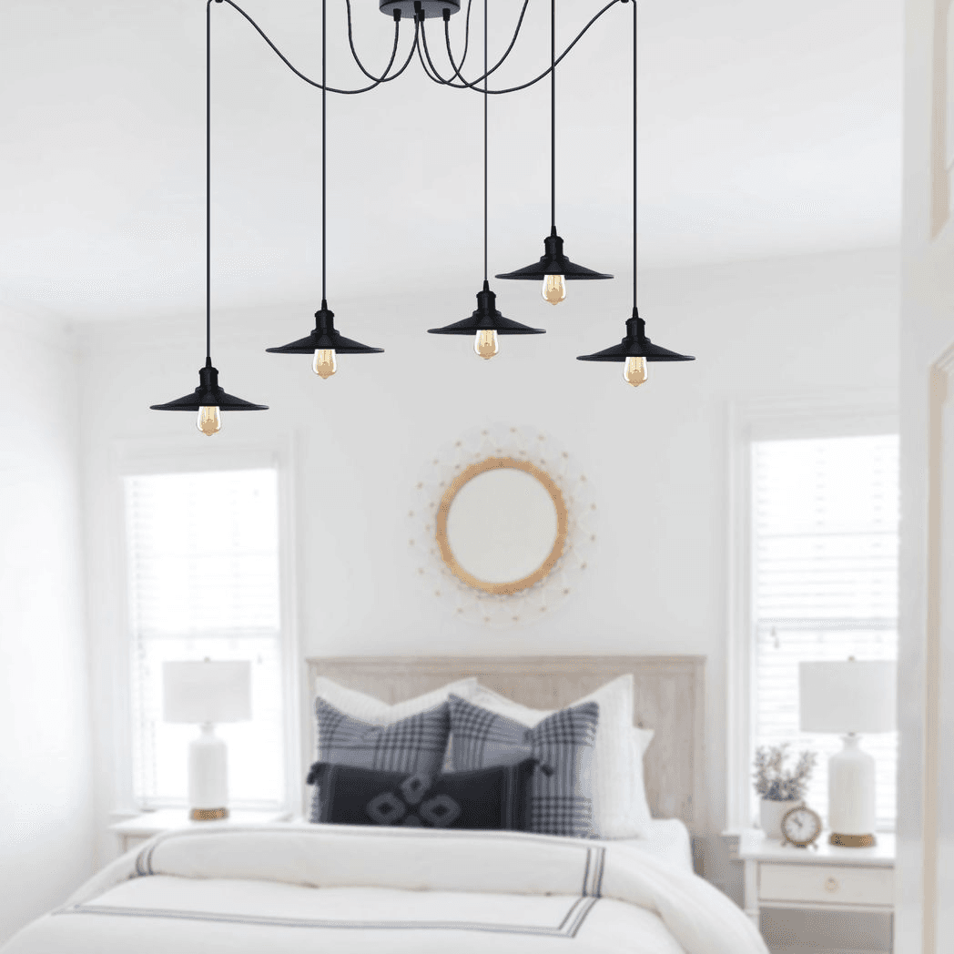 image-Black Vintage 5 Head Cone shaped shade Ceiling Pendant Light Fitting with Adjustable Cord Hanging Light Fixture