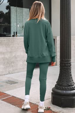 image-Black Solid Color Oversize Slit Sweatshirt Ribbed Leggings 2pcs Set