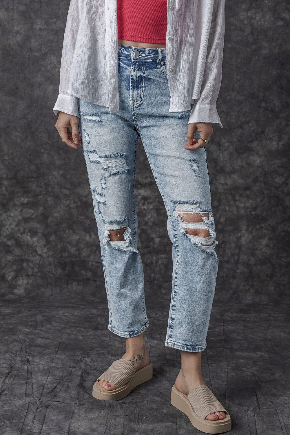 image-Sky Blue Light Wash Frayed Slim Fit High Waist Jeans