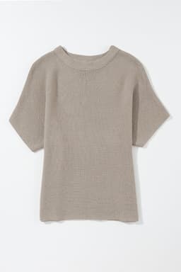 image-High Neck Bat Sleeve Sweater - Short Sleeve, Elegant, Loose Fit