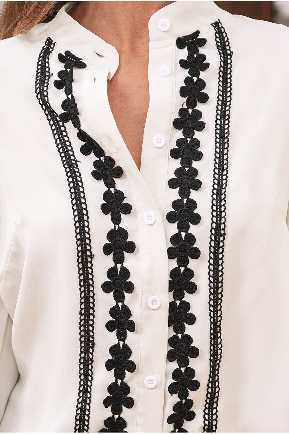 image-Floral Embroidered Stand Neck Buttoned Shirt - Beige