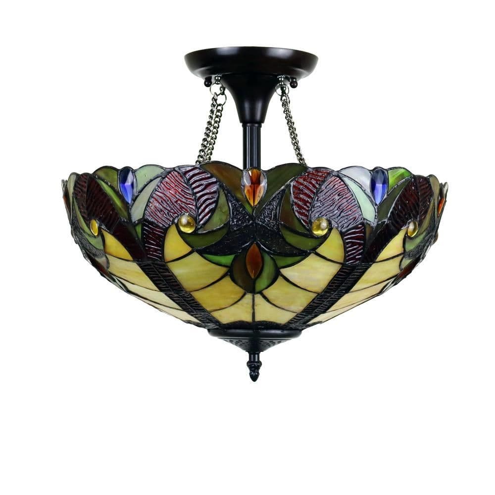 image-CHLOE Lighting ADIA Victorian Tiffany-Style Dark Bronze 2 Light Semi-Flush Fixture 16" Wide