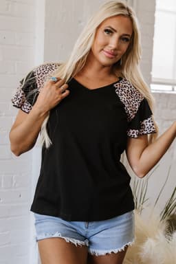 image-Black Leopard Print Patchwork Ruffled Sleeve V Neck T Shirt