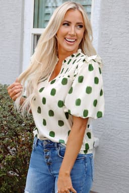 image-Rose Polka Dot Print Shirred Yoke Notched Neck Balloon Sleeve Blouse