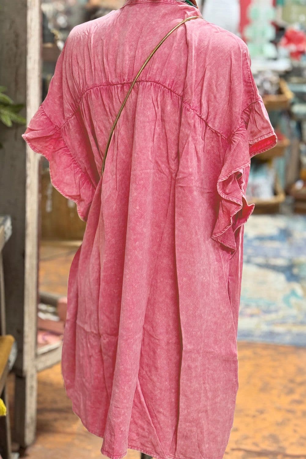 image-Pink Ruffled Short Sleeve Buttoned Denim Mini Dress