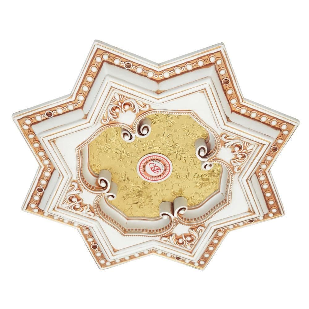 image-Ivory and Gold Eight Pointed Star Chandelier Ceiling Medallion 24in