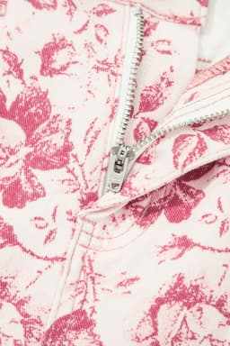 image-Pink Vintage Floral Print Denim Shift Pants
