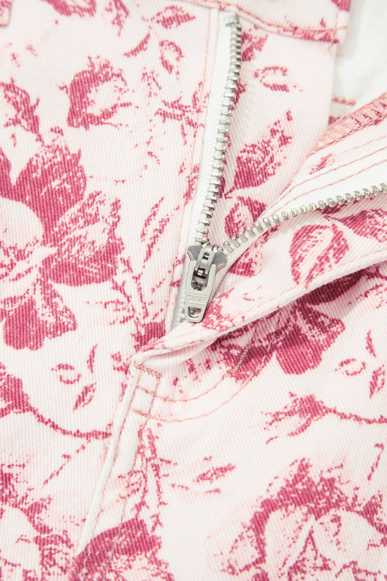 image-Pink Vintage Floral Print Denim Shift Pants