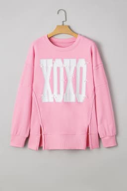 image-Pink Bow Sequin XOXO Letter Graphic Exposed Seam Baggy Sweatshirt