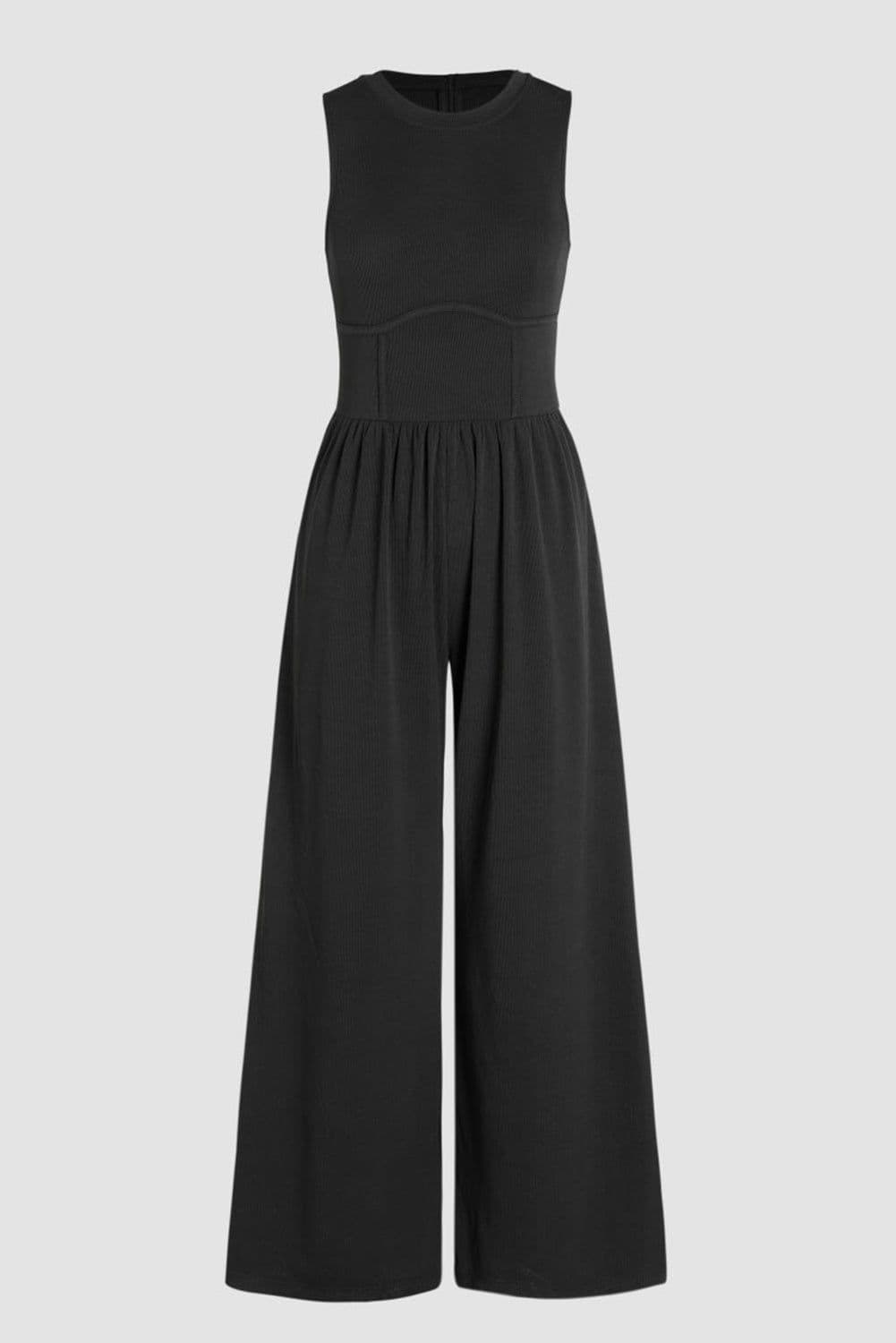 image-Black Cinched Waist Sleeveless Wide Leg Jumpsuit - Casual/Dressy