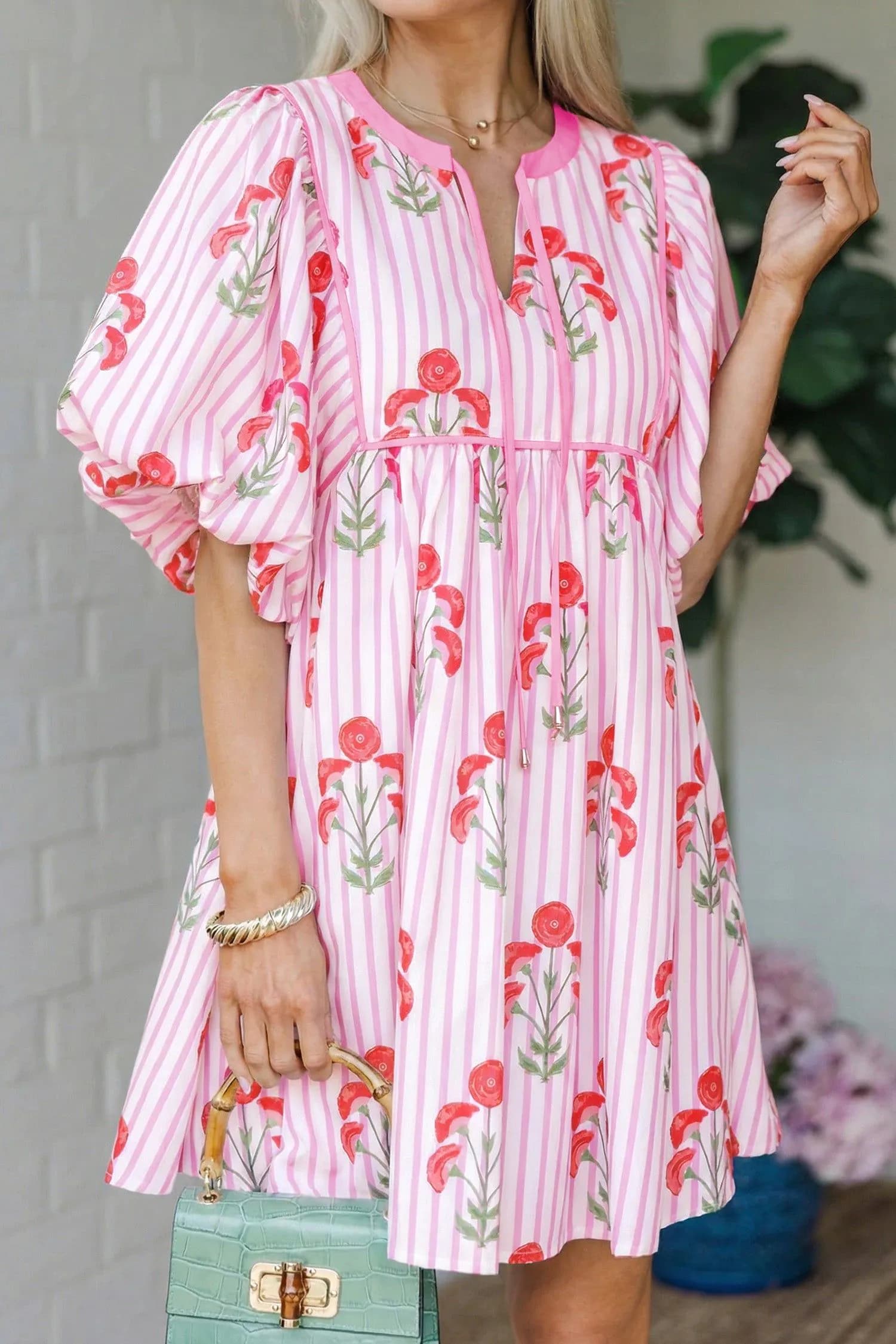 image-Pink Floral Striped Tie Notched Neck Puff Sleeve Mini Dress