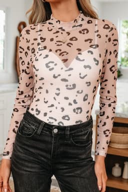 image-Khaki Leopard Mock Neck Bodysuit Long Sleeve