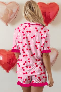 image-Rose Cherry Bow Mixed Print Scalloped Edge Short Pajama Set