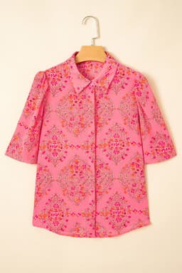 image-Rose Red Floral Print Shirt - Wide Short Sleeve Loose