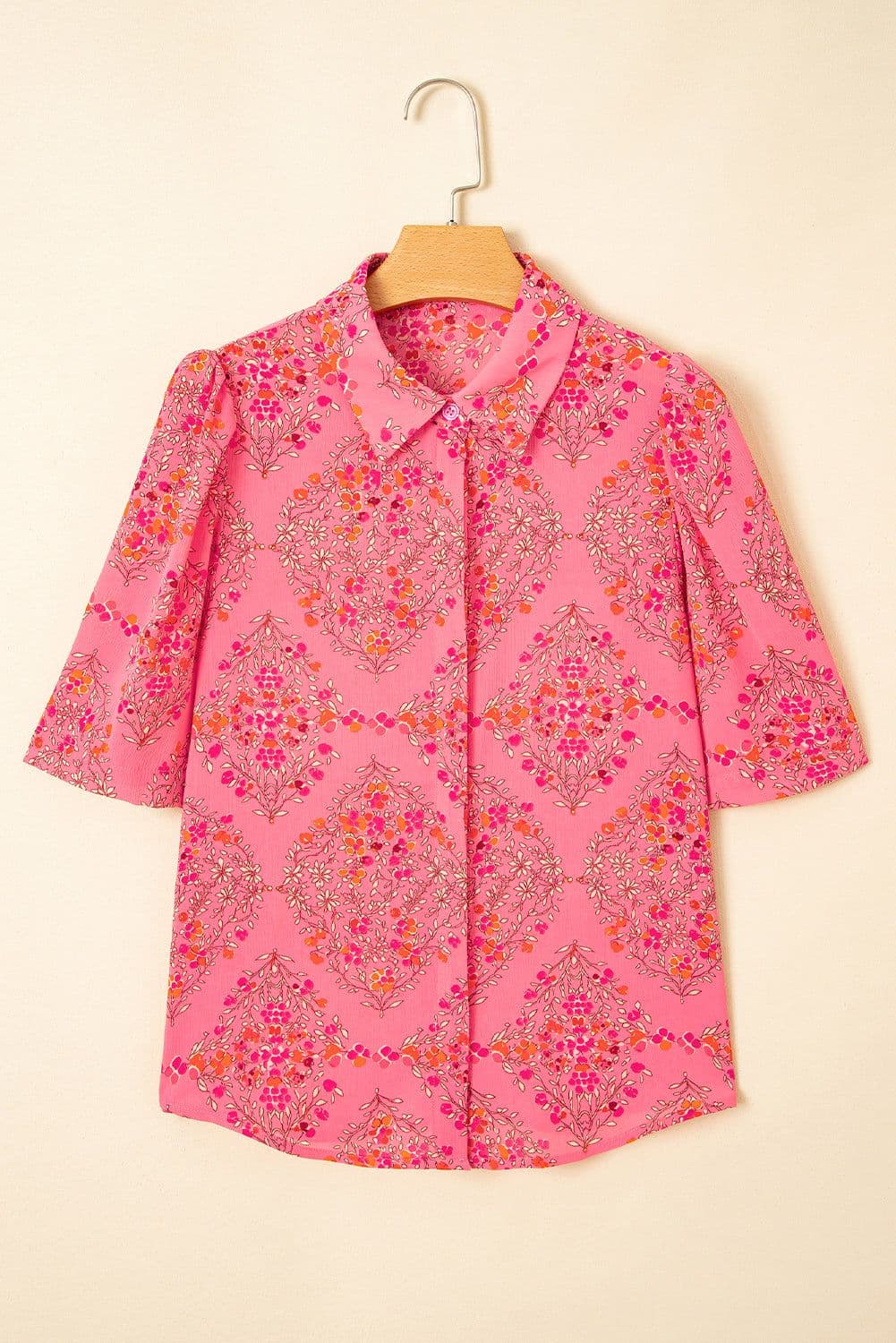 image-Rose Red Floral Print Shirt - Wide Short Sleeve Loose