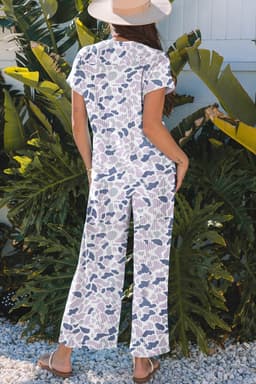 image-Beige Camouflage Print Twisted Rib Loose Tee Drawstring Pants Set