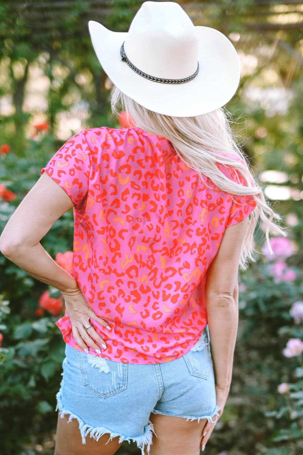 image-Pink Leopard V Neck Short Sleeve Blouse