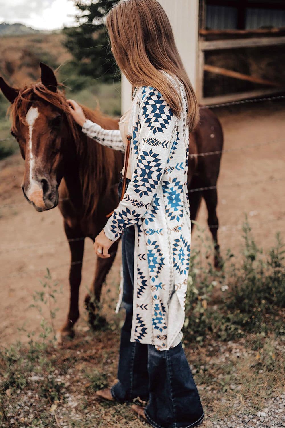 image-Sky Blue Western Aztec Cardigan - Open Front Long