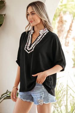 image-Black Dolman Half Sleeve Leopard Patchwork V Neck Blouse
