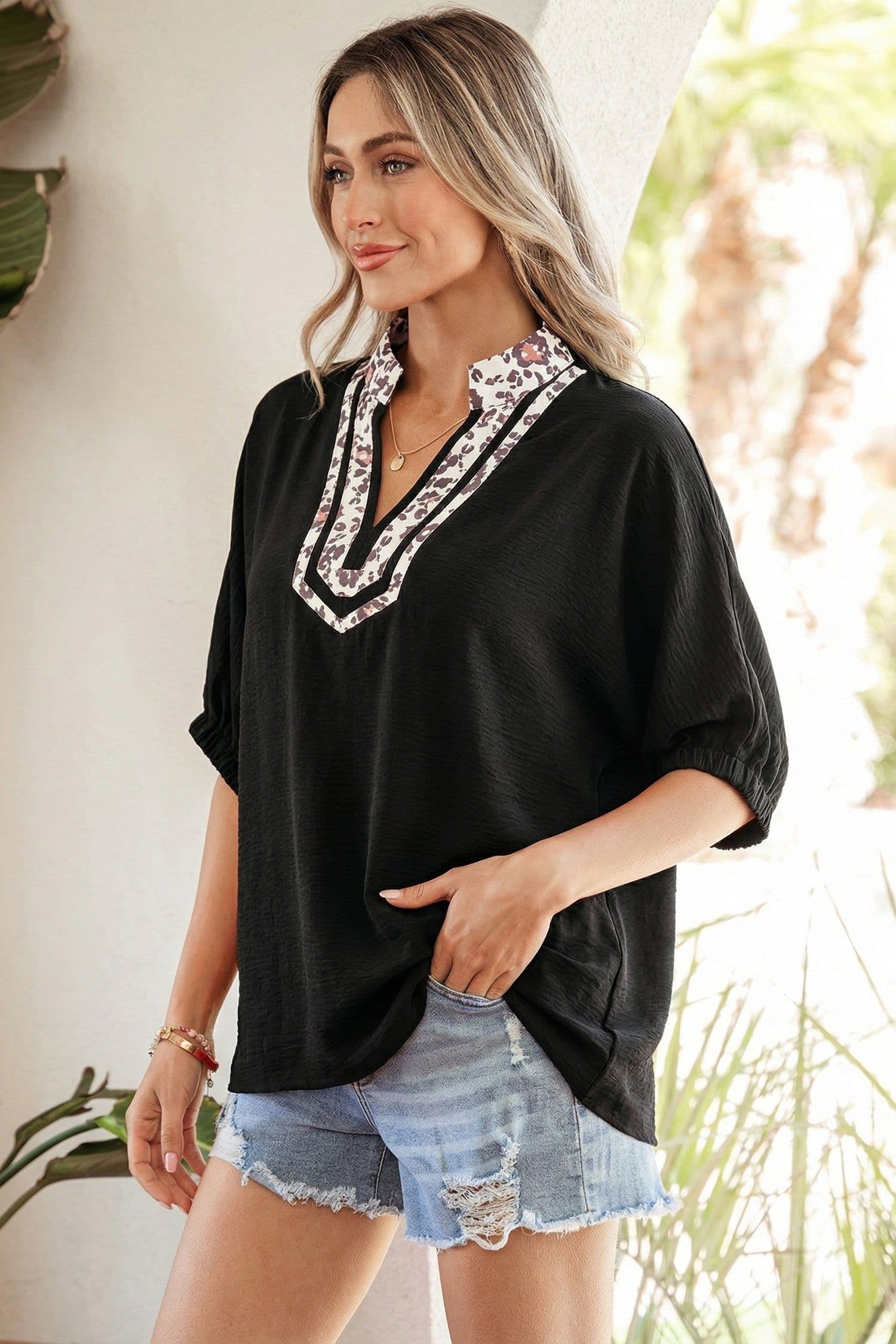 image-Black Dolman Half Sleeve Leopard Patchwork V Neck Blouse