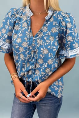image-Blue Floral Print Tie Neck Short Sleeve Blouse