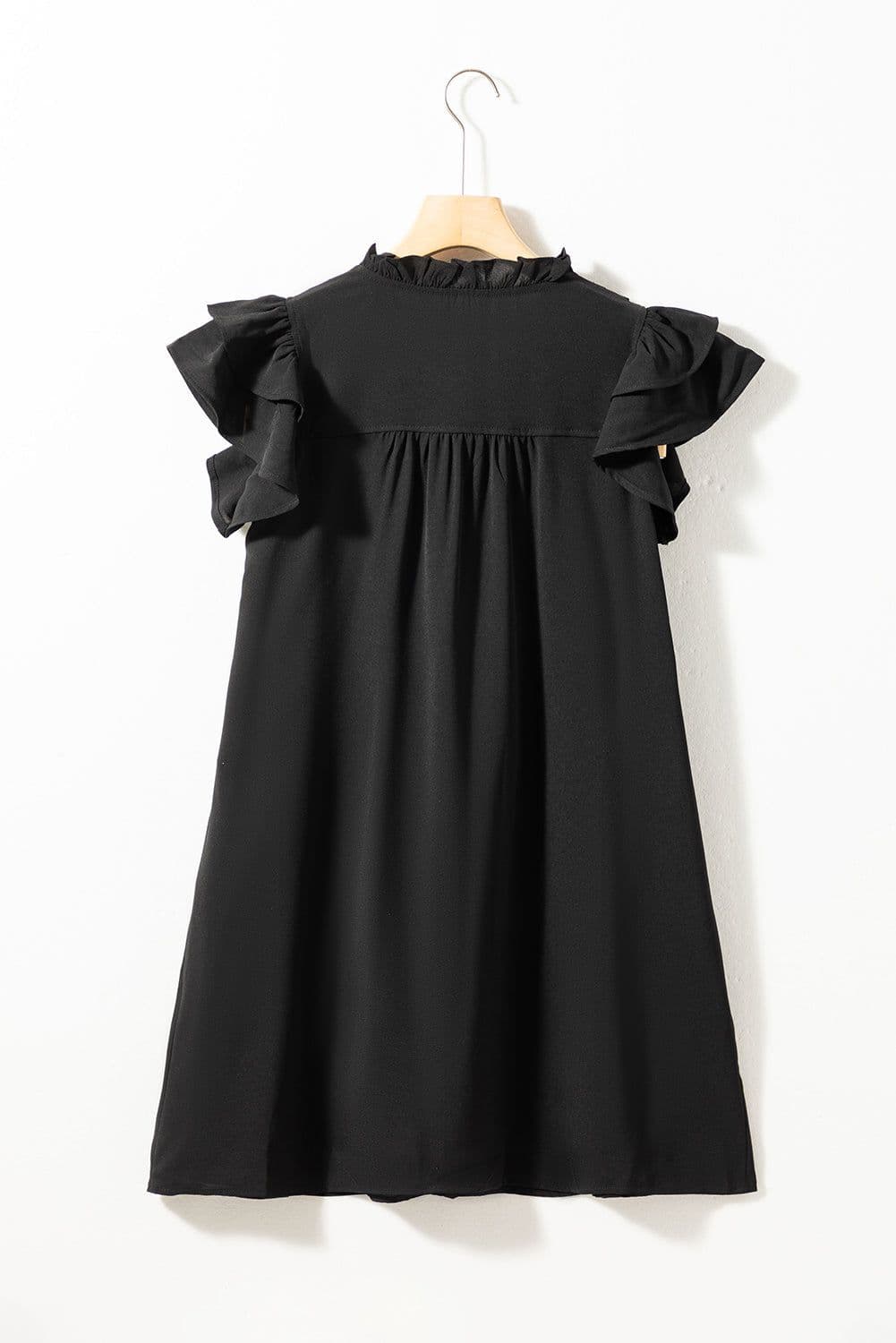 image-Black Ruffle Sleeve V Neck Frilled Shift Dress