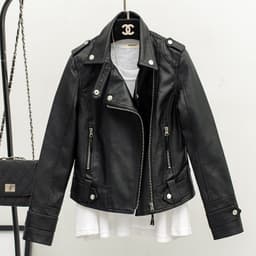 image-Women's Black PU Leather Jacket - Slim Lapel XXXL