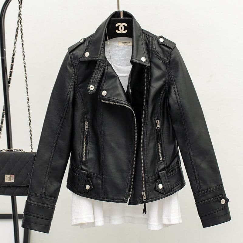 image-Women's Black PU Leather Jacket - Slim Lapel XXXL