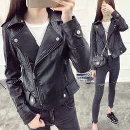 image-Women's Black PU Leather Jacket - Slim Lapel XXXL