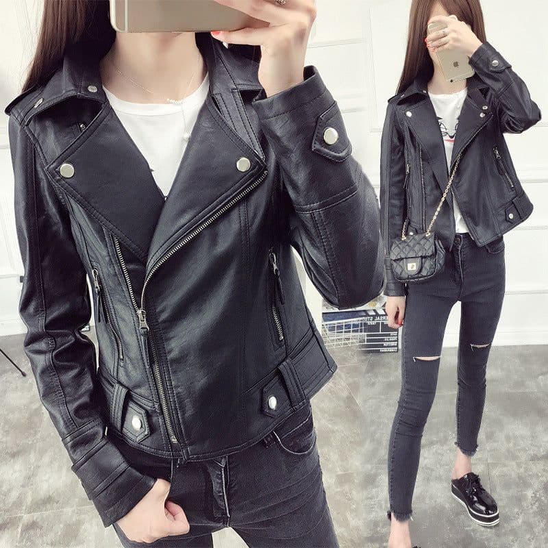 image-Women's Black PU Leather Jacket - Slim Lapel XXXL