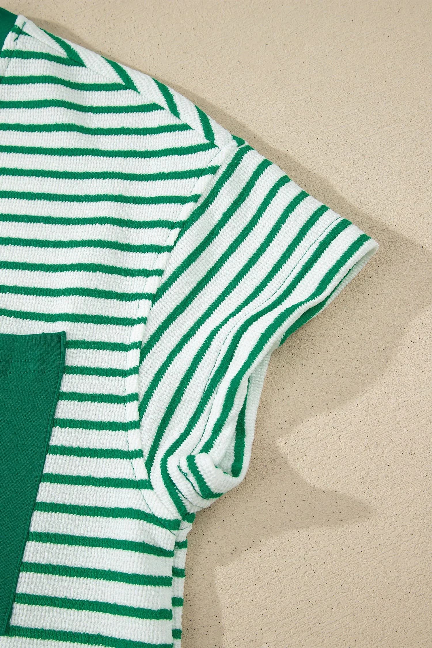 image-Khaki Stripe Crew Neck Tee Drawstring Waist Cropped Pants Set