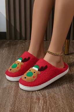 image-Fiery Red Reindeer Plush Slippers Thick Sole
