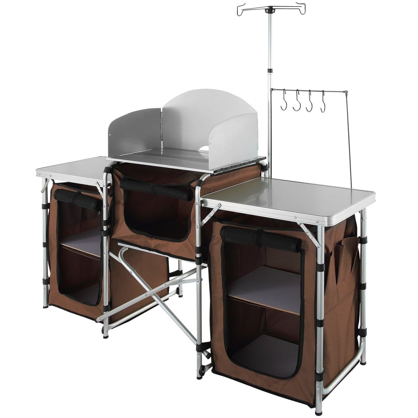 image-VEVOR Camping Kitchen Table, Folding Outdoor Cooking Table with Storage Carrying Bag, Aluminum Cook Station 3 Cupboard & Detachable Windscreen, Quick Set-up for Picnics, BBQ, RV Traveling, Brown