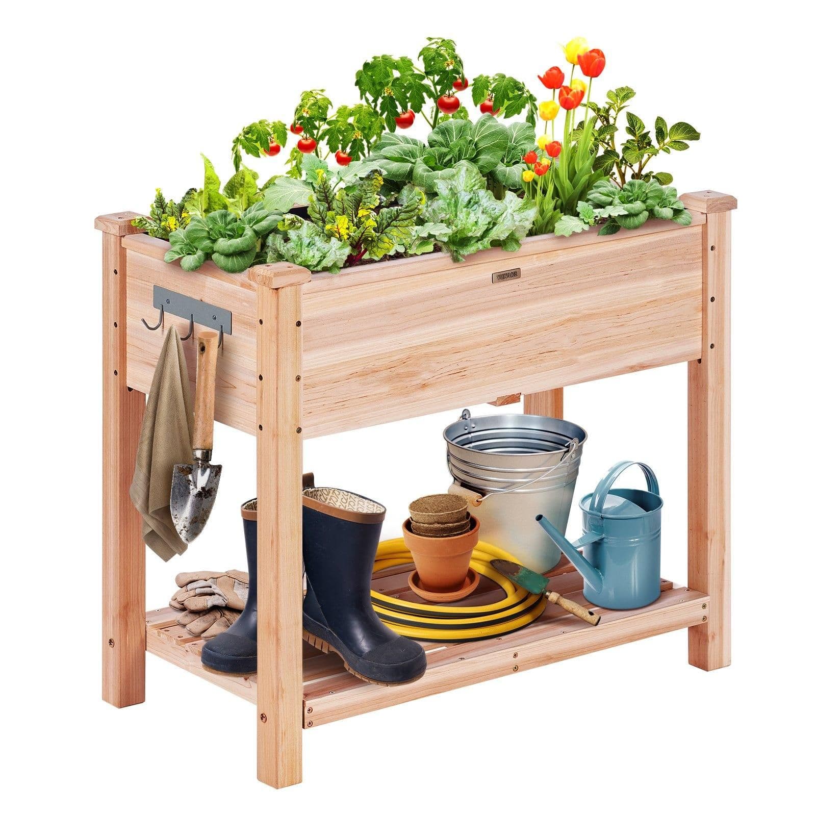 image-VEVOR Raised Garden Bed, 34 x 18 x 30 in Wooden Planter Box, Elevated Outdoor Planting Boxes with Legs, for Growing Flowers/Vegetables/Herbs in Backyard/Garden/Patio/Balcony, Burlywood