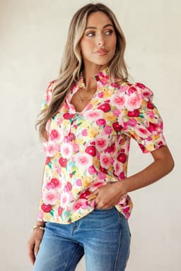 image-Pink Floral Blouse - Frilled V Neck Puff Sleeve