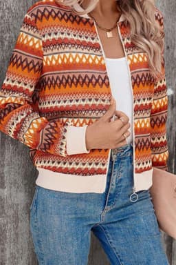 image-Boho Striped Zip Up Long Sleeve Jacket - Orange