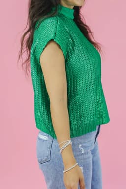 image-Bright Green Solid Color Knit High Neck Short Sleeve Sweater