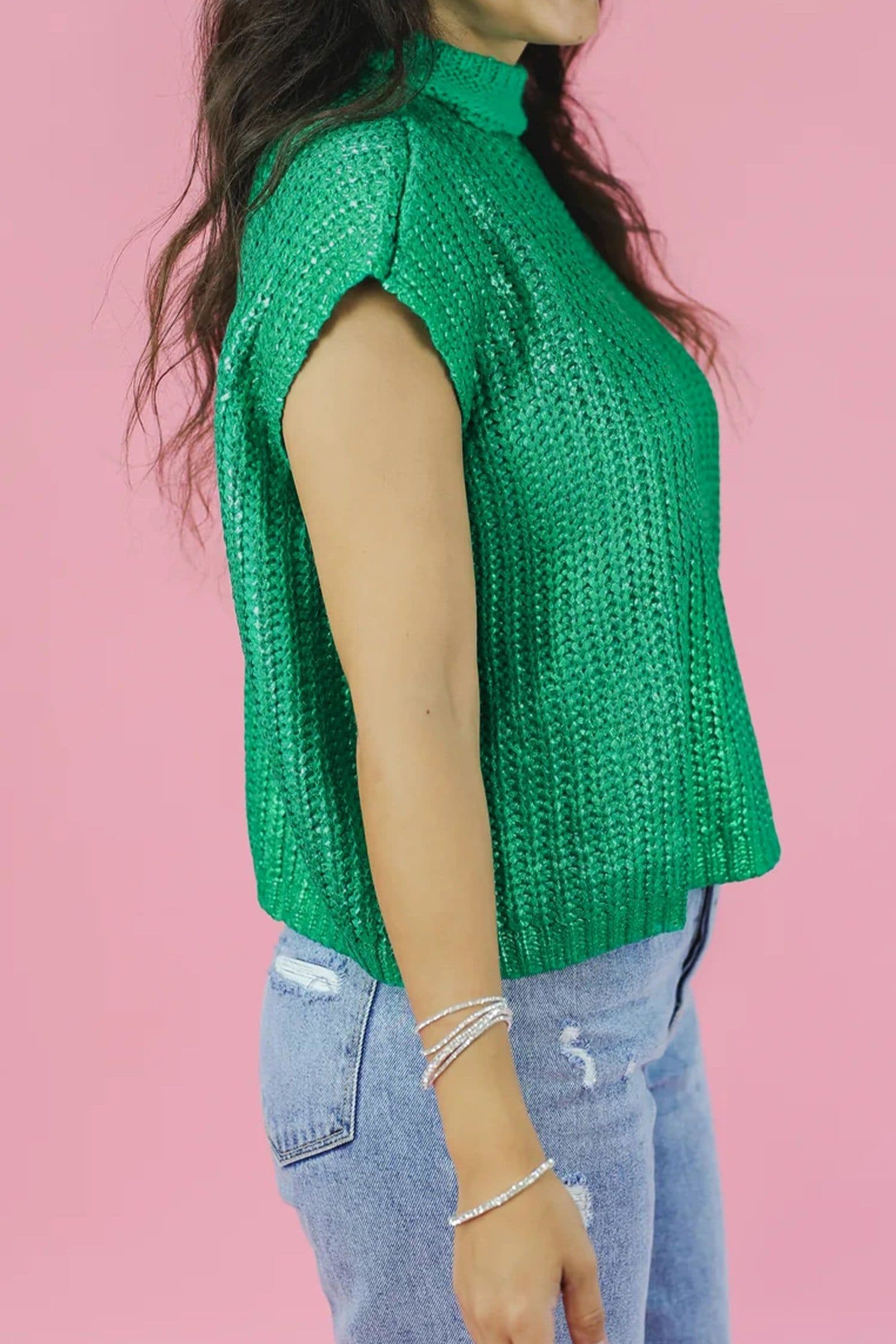 image-Bright Green Solid Color Knit High Neck Short Sleeve Sweater
